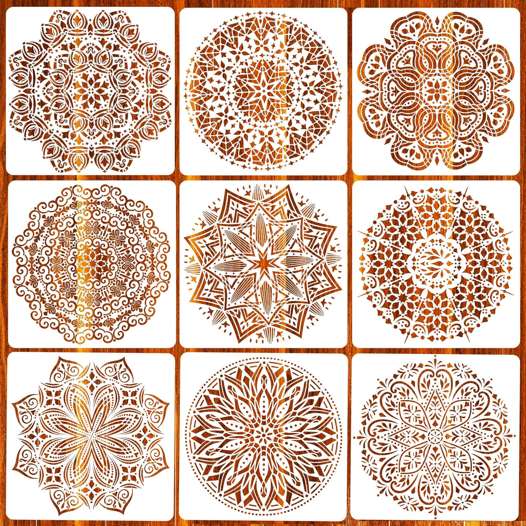 Eunvabir 9 Pack 12X12 In Reusable Mandala Stencil For Painting On Floor Large Wall Floor Tile Fabric Furniture Stencils Painting Template