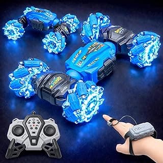 VGRASSP Dual Control Twisting Drift Stunt Car Toy for Kids with Remote Control and Gesture Wrist Controller - Rechargeable 360° Rotating RC Car Toy with LED Lights, Sound Effects - Blue