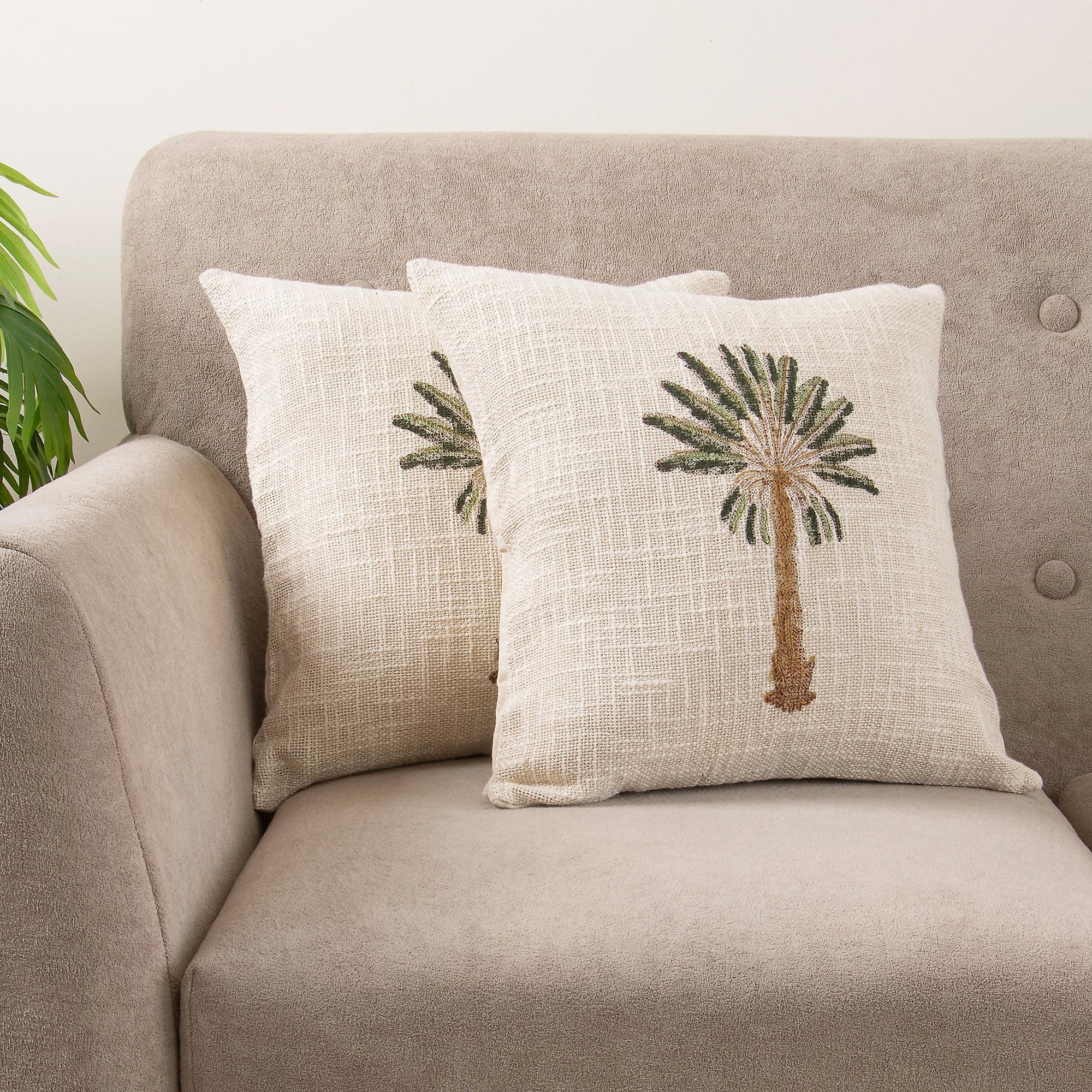 DMAASA Premium Palm Tree Cotton Jute Square 16x16 Inch Cushion Cover 40x40 cm Throw Pillow Covers for Living Room Couch Diwan Sofa, Beige (Set of 2)