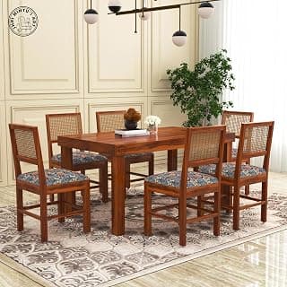 SHRI MINTU'S ART Wooden 6 Seater Dining Table Set | Six Seater Dinning Table with Printed Cushioned Chairs for Home | Dining Room Furniture for Kitchen & Restaurants | Solid Wood Sheesham, Honey