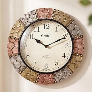 CRAFTEL Silent No Ticking Antique Wall Clock Hand Engraved Brass | Antique Coin Studded Brass Finish Diwar Ghadi | Dial - 8 Inches, Antique Gold | 365 Days Warranty
