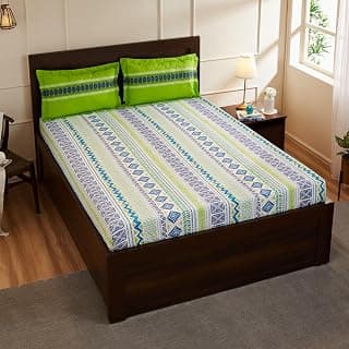 Amazon Brand - Solimo Fuzzy Strings 144 TC Cotton Double Bedsheet with 2 Pillow Covers, Green
