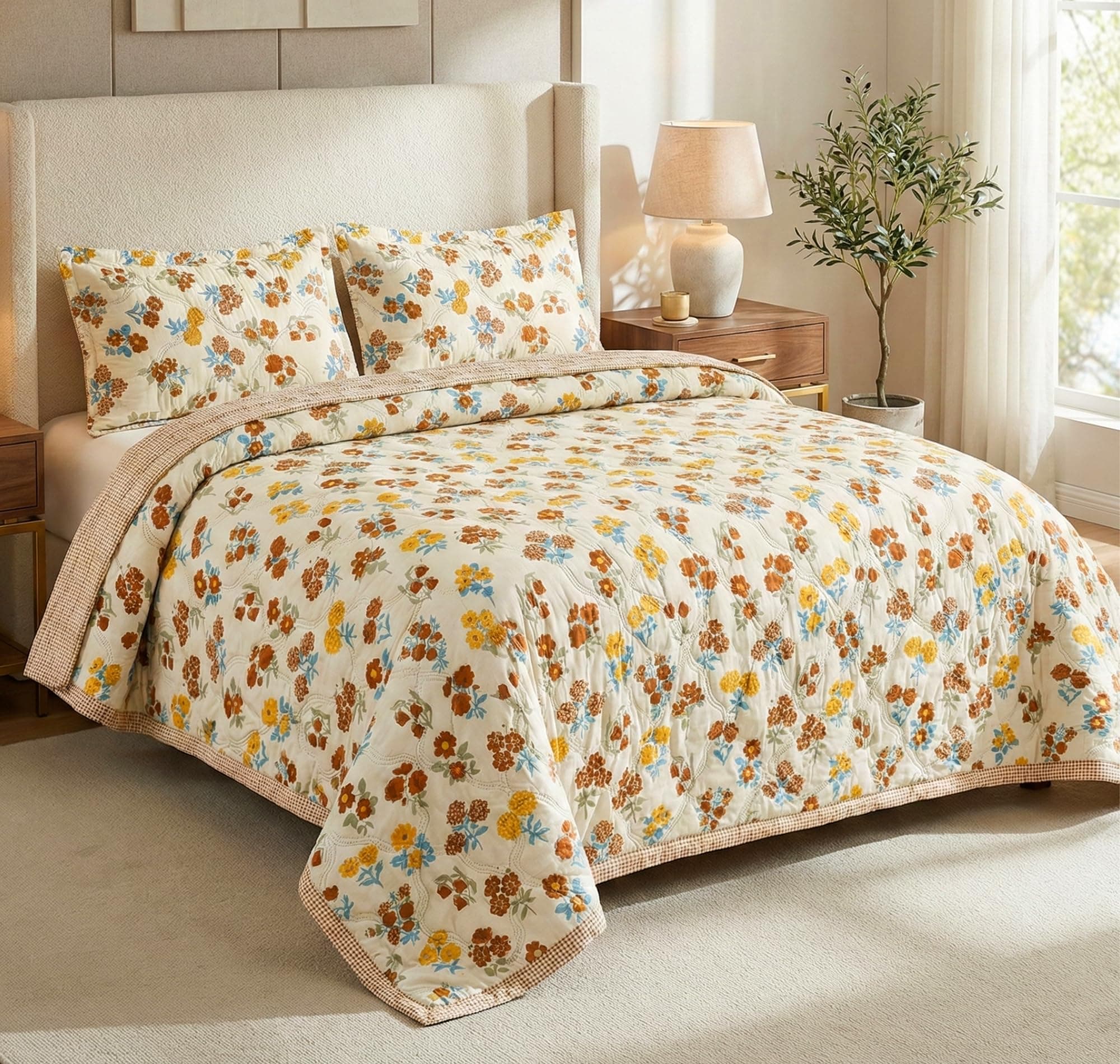 BSB Home Cotton All-Weather Embroidered Ultrasonic Quilted Thread Free 3 Pcs Comforter Set with Pillow Shams- Light Weight Bedspread/Duvet/Quilt - Double, 150 GSM | Almond and Rust