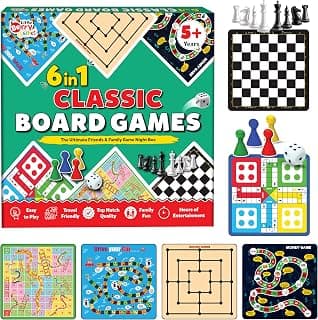 6 in 1 Classic Board Games Set for Kids & Family | Includes Ludo, Chess, Snakes & Ladders, Checkers & More | Indoor Strategy Games, Travel Friendly Game Kit for 5+ Years