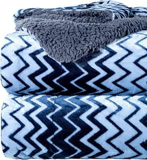 BSB HOME Sherpa Blanket Zigzag Flannel Blanket – 220 x 150 cm, Soft, Plush, Fluffy, Fuzzy, Warm, Cozy Perfect for Couch, Bed, Sofa, Chair - Reversible AC Blanket Single- Light and Dark Blue & Grey