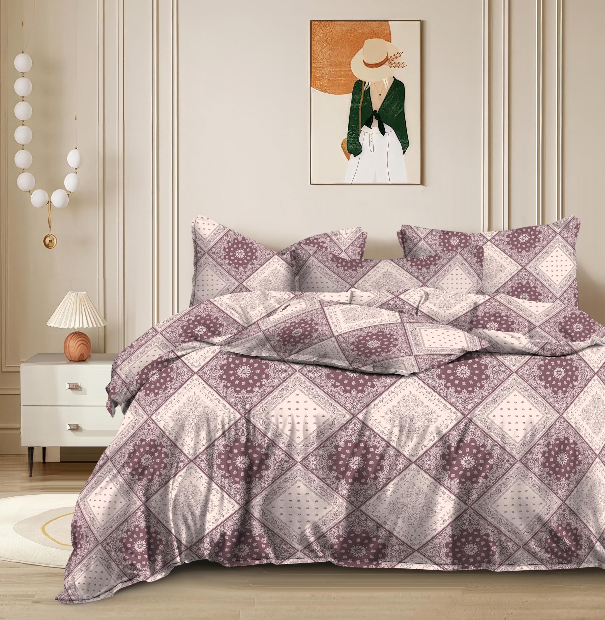 THE HOME STYLE Cotton Feel Glace Cotton Elastic Fitted Printed Queen Size Double Bed Bedsheet with 2 Pillow Cover Fits Upto 8 Inches Mattress (60"x78", Timeless Mauve)