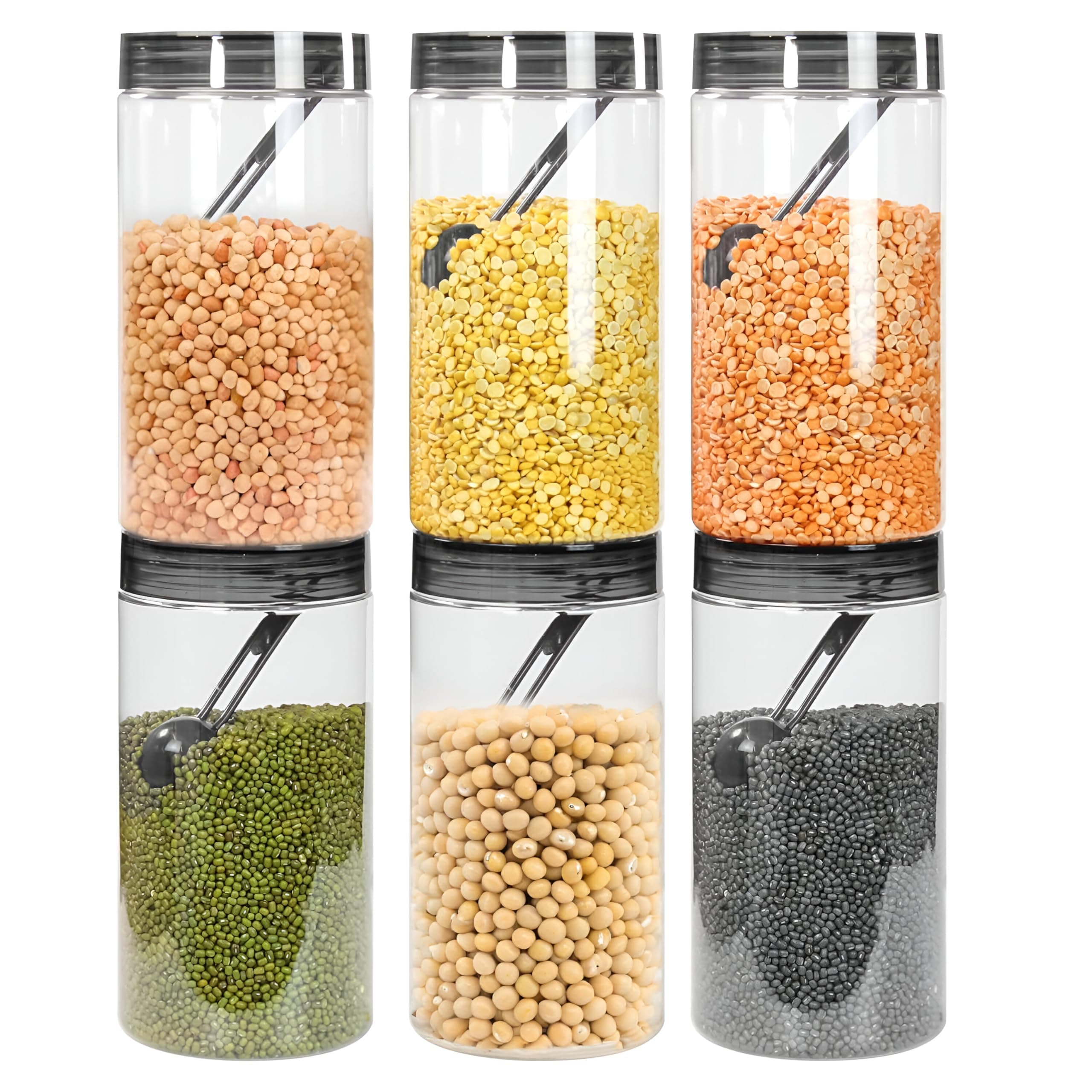 Homeor Plastic Storage Jar & Containers With Spoon, Airtight & BPA Free Containers for Kitchen Storage, Grocery Kitchen Container, Multipurpose Jar, Fridge Storage Container, 2000 ML Set 6, Black