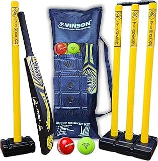 Vinson Stokes Edition Tweenager (8-12 yrs) Plastic Cricket Kit Combo with a 450 gm Double Blade Bat, 750 gm Batting Side Stumps Set, 300 gm Bowling End Wicket, 2 Balls & a Storage Carry Bag.