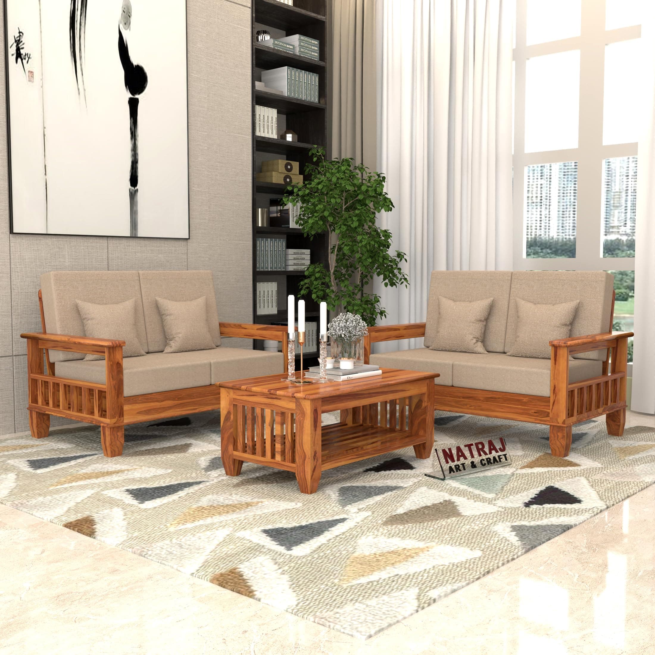 NATRAJ ART & CRAFT Sheesham Wooden 4 Seater Sofa Set for Living Room | Rosewood 4 Seater Cushion Sofa Set with Side Newspaper Holder for Home & Office (Honey, 2+2 Seater)