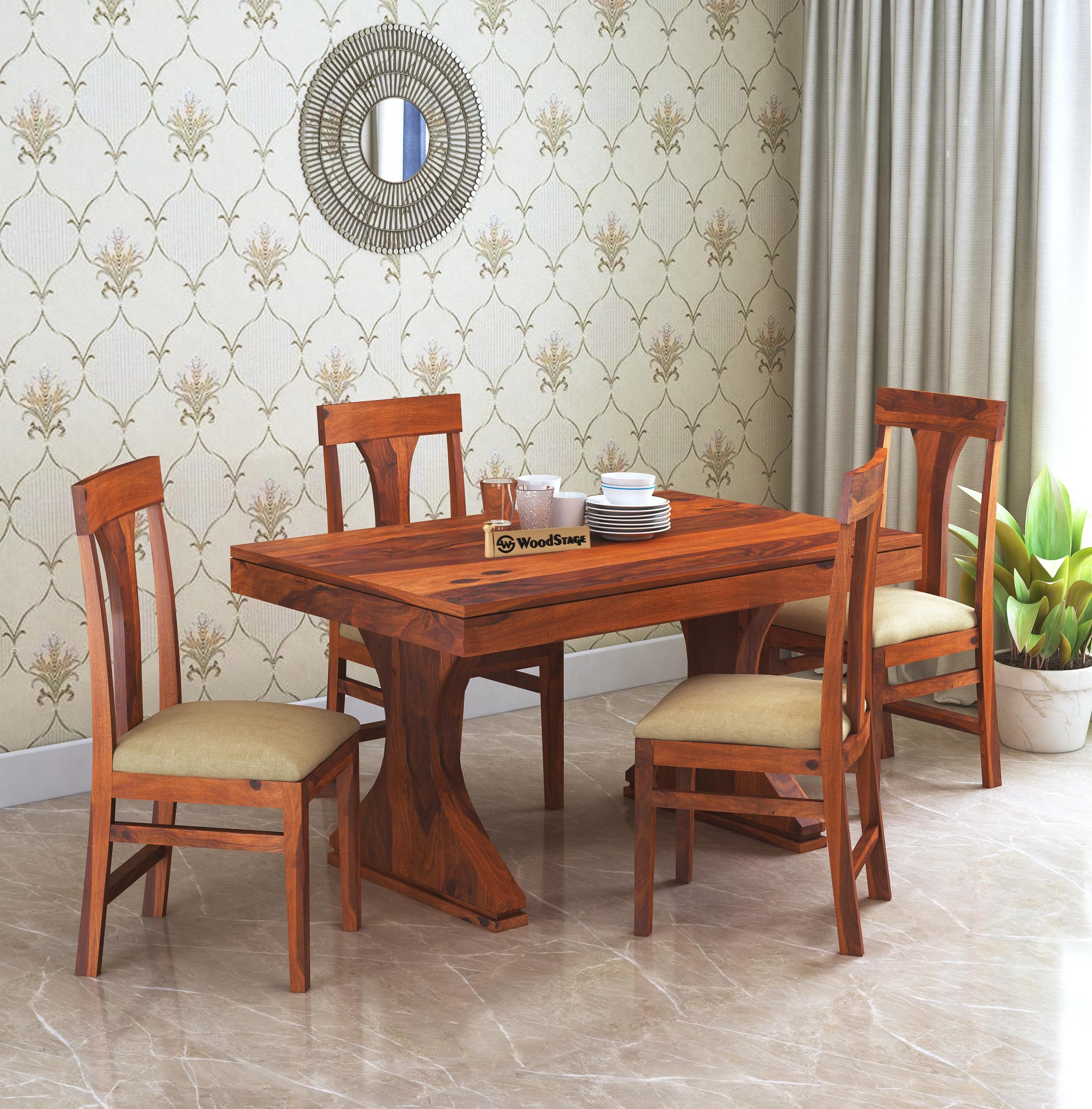 WOODSTAGE Sheesham Wood 4 Seater Dining Table with Cushioned Chairs for Living Room Wooden Dining Room Set for Home (Honey Finish)