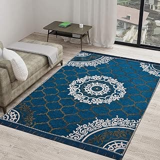 Designer Superfine Exclusive Velvet Chenille Carpet/Area Rug/Bedside Runner, Chenille Living Room Carpet, Durries in Zaal Style (Aqua Blue, 3x5 Feet)