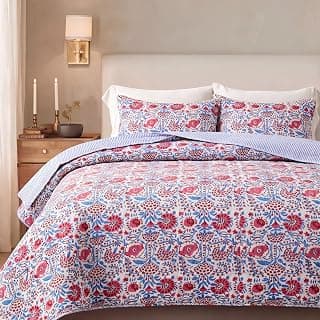 Ridhi Block Print Quilted Pigeon Blue & Flamingo Pink Reversible Throw Blanket 100% Cotton Quilt, Cover for Couch and Bed, Sage Lap Bedding Coverlet, Luxury Oversized Quilted Throw Twin 60" X 90"