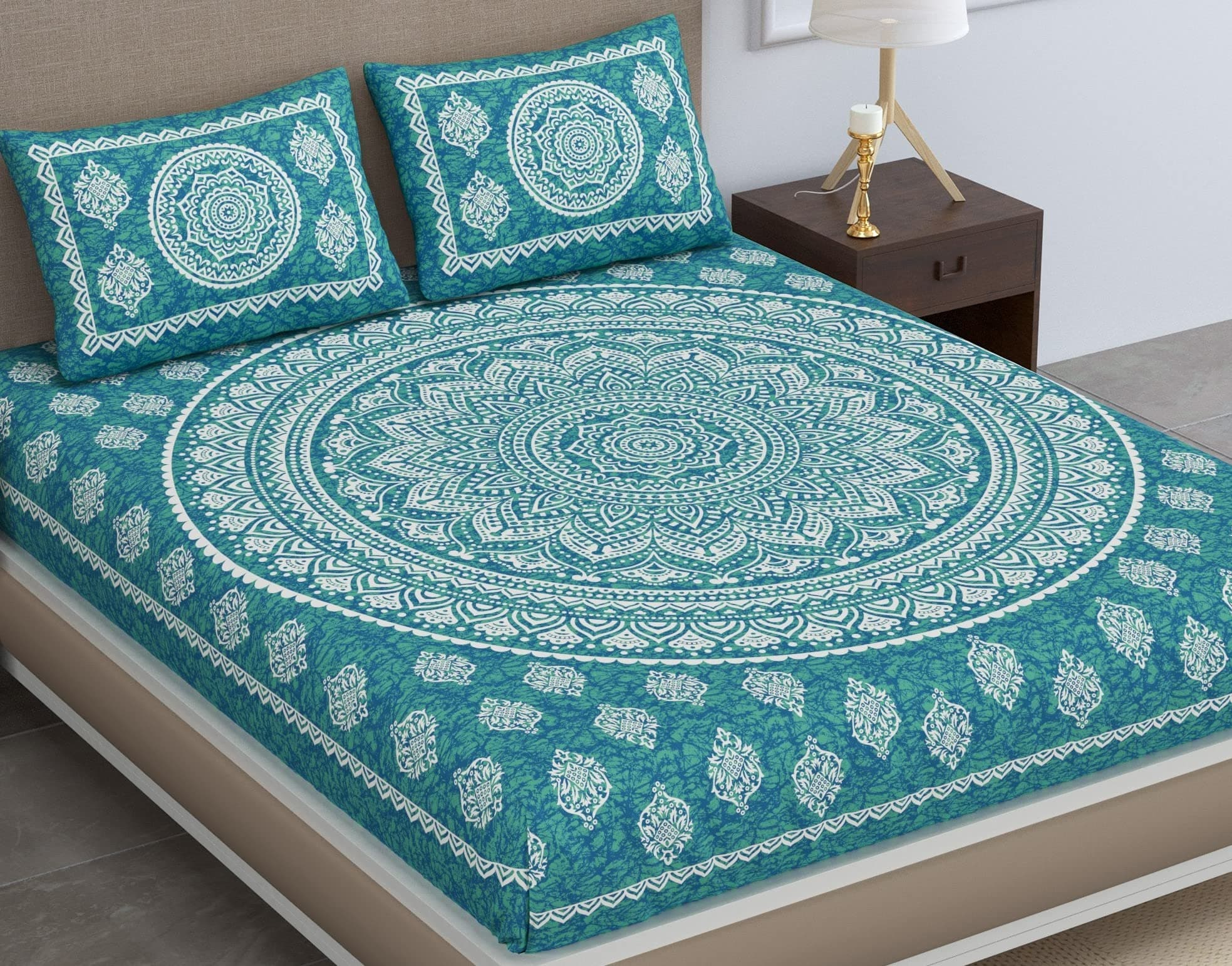 Colorish Cotton Blend Traditional Mandala Jaipuri Printed Bedsheet for Double Bed King Size with 2 Pillow Covers, Sea Green, 120 TC