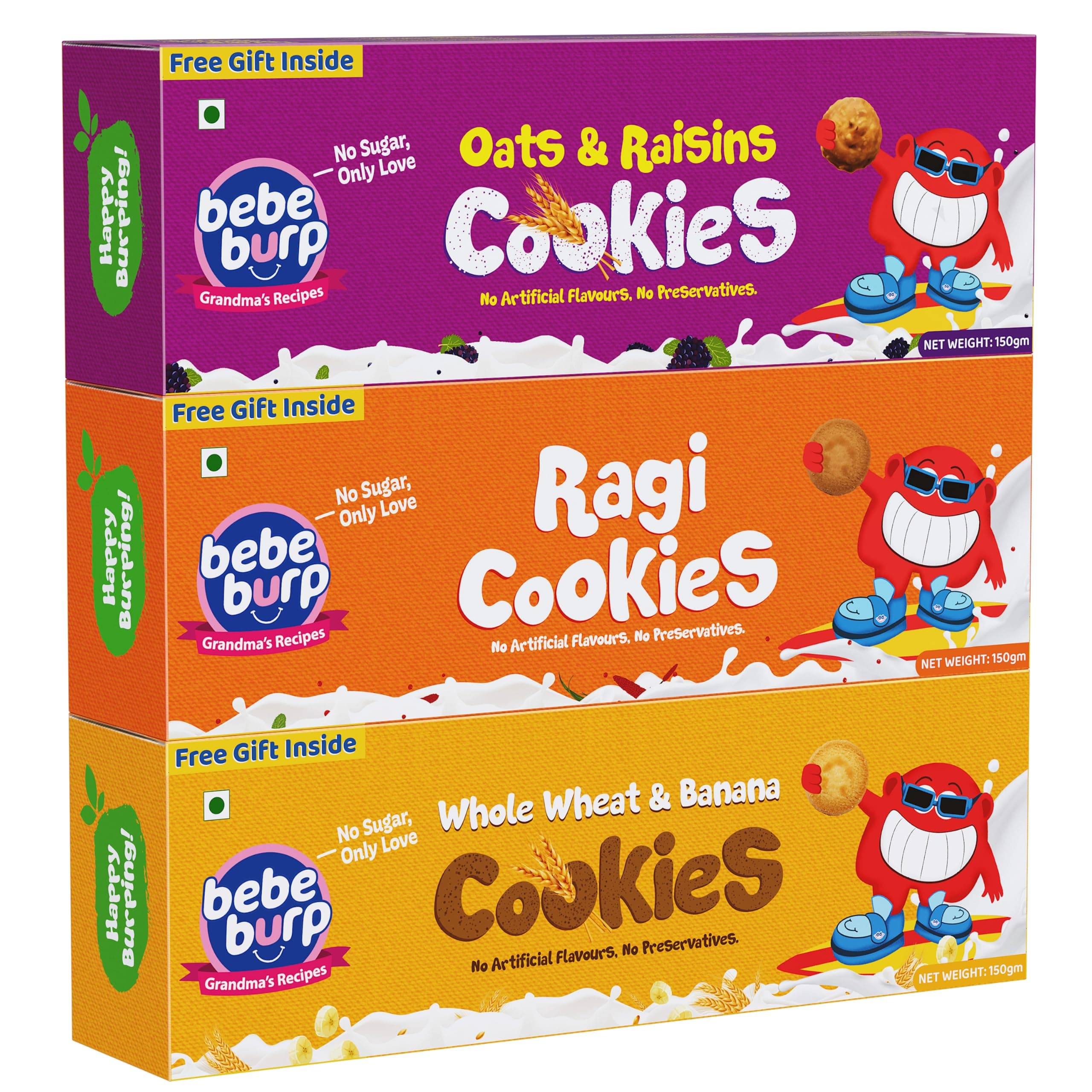 BE'BE' BURP Ragi, Whole Wheat & Oats Cookies | Healthy Oats Biscuits & Ragi Cookies for Kids | Made With Jaggery, Honey & Cow Ghee| No Preservatives, No Artificial Flavours or Sugar | 150g-Pack of 3