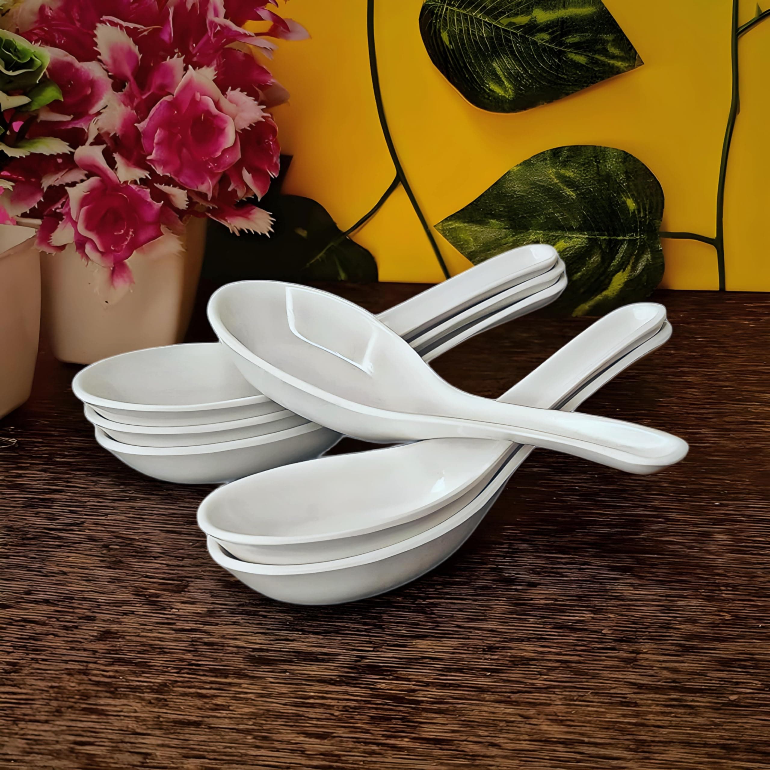 Vemlons Soup Spoon/Melamine Soup Spoon Set of 6 Microwave Safe-Pack of 6/Soup Spoons (14cm)(White)