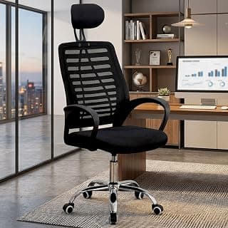 NORMAN JR,Mesh Office Desk Chair,Rocking Ergonomic Computer Chair Adjustable High with Headrest and Comfortable Armrest Swivel - Black & Black Handle