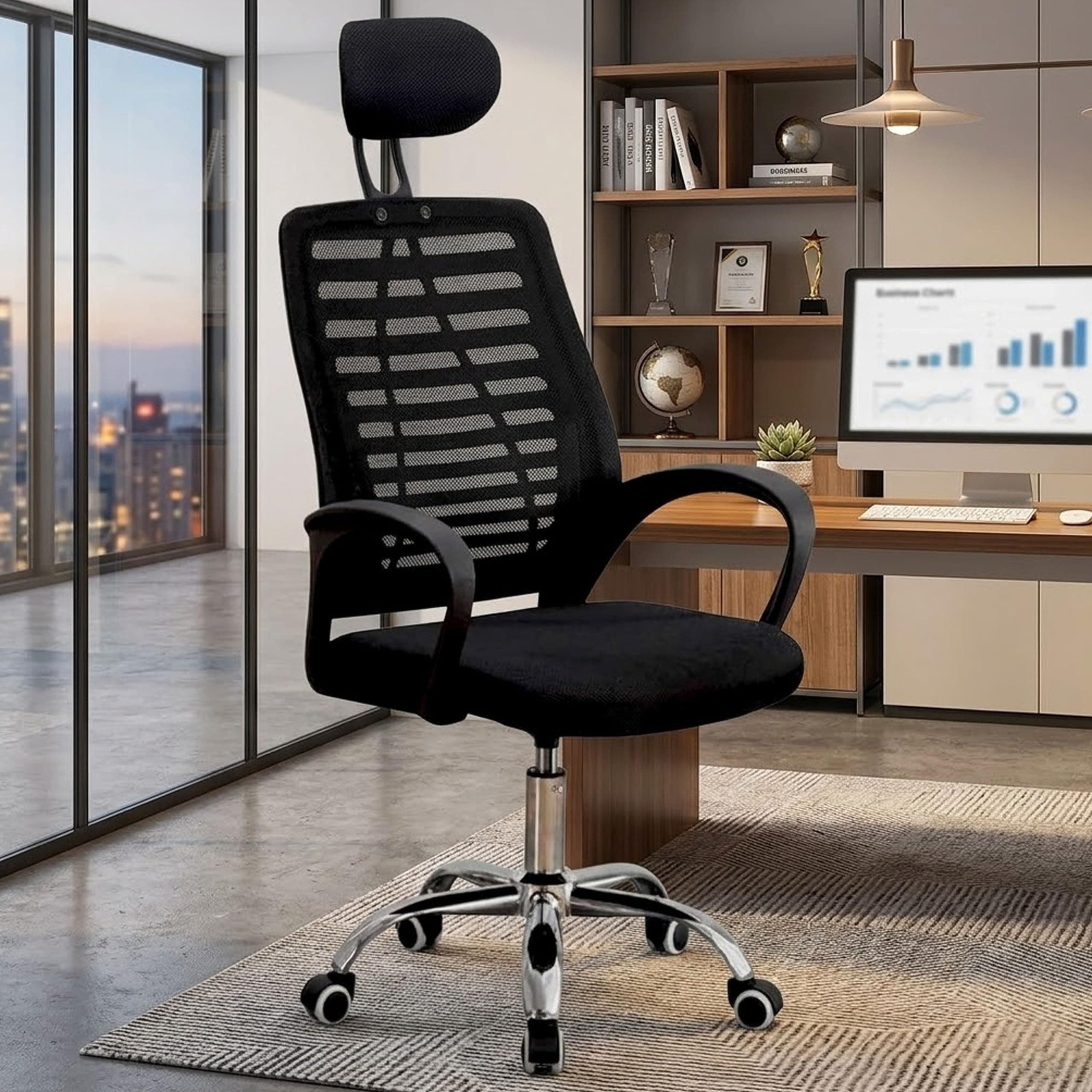 NORMAN JR,Mesh Office Desk Chair,Rocking Ergonomic Computer Chair Adjustable High with Headrest and Comfortable Armrest Swivel - Black & Black Handle