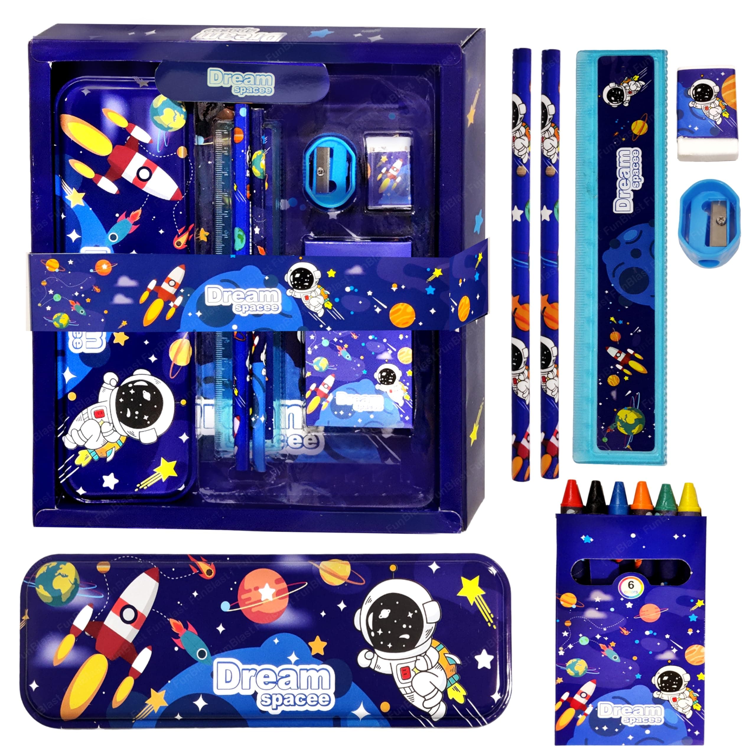 FunBlast Space Theme Stationery Kit for Kids - Stationery Box Pencil Pen Eraser Sharpener and Space Pencil Box- Stationary Kit Set for Boys and Girls, Birthday Gift for Kids (Multicolor)