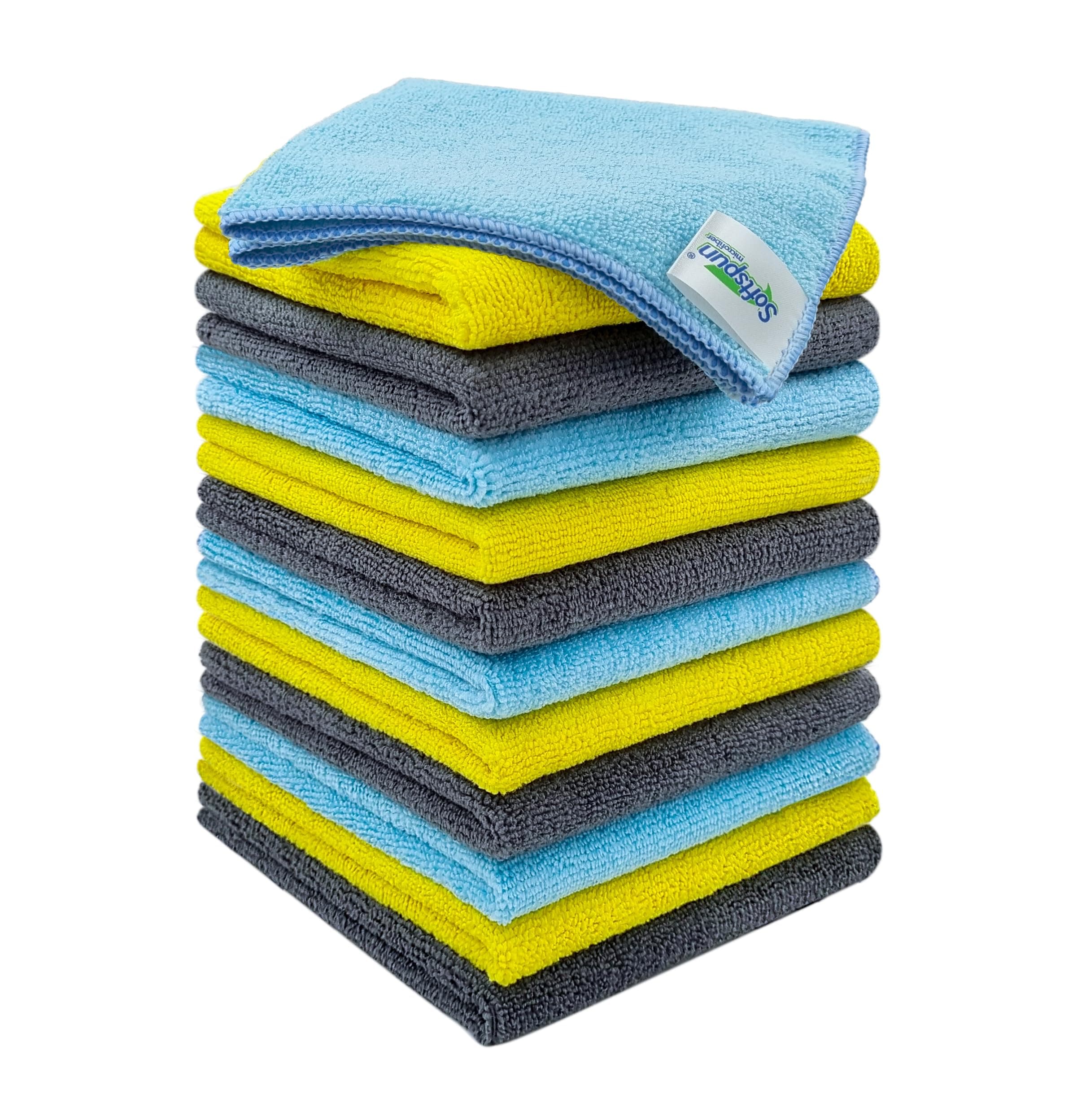 SOFTSPUN Microfiber Cleaning Cloths, 12pcs 30x30cms 220 GSM Multi-Colour! Highly Absorbent Lint and Streak Free Multi -Purpose Wash Cloth for Kitchen Window Stainless Steel Silverware.