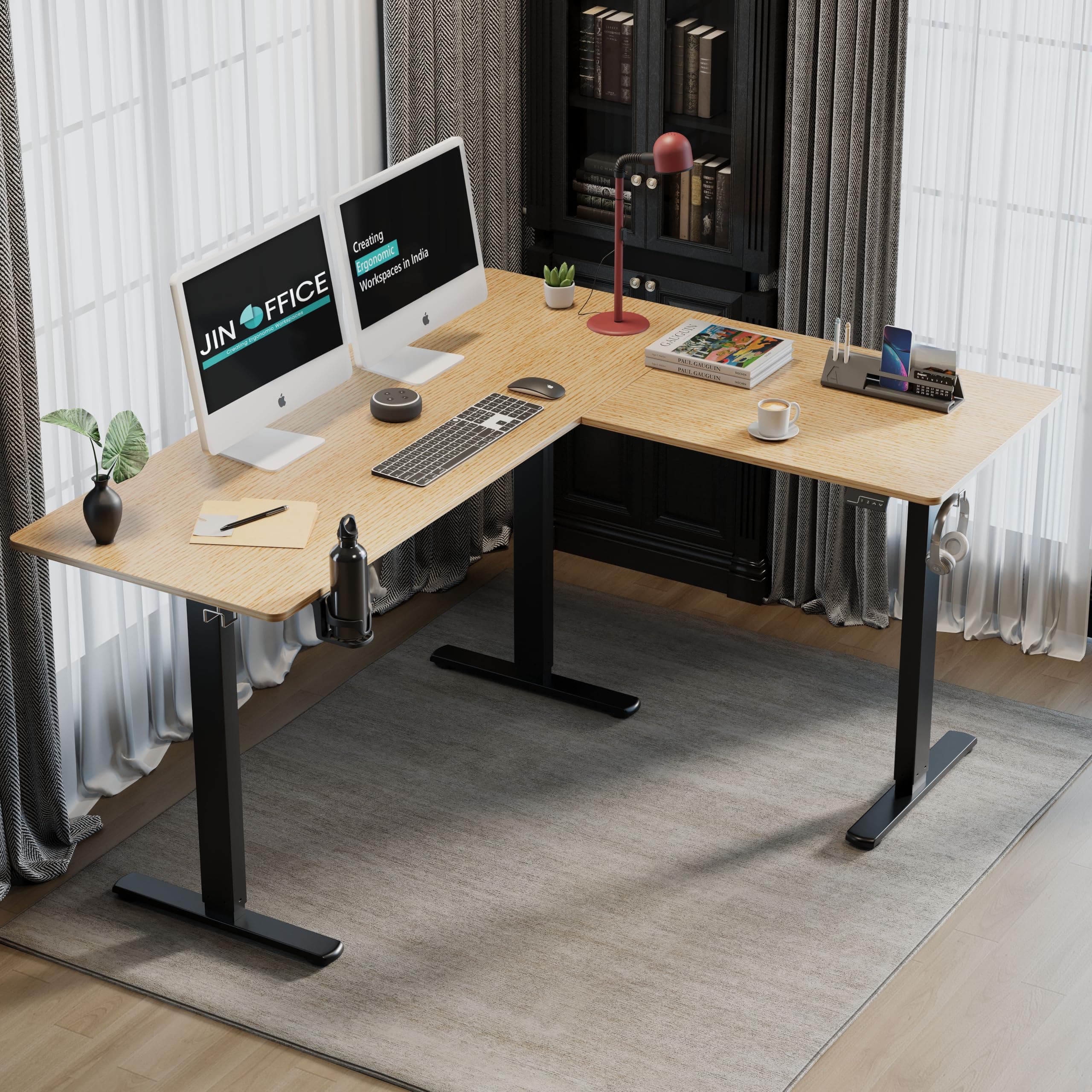 JIN OFFICE Atlas L-Shaped Electric Height Adjustable Desk |Reversible Design L-Shape Adjustable Table | 3 Year Warranty,100 KG Wt. Cap, Memory Presets, Cup Holder|Home Office Sit Stand Desk Maple