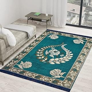 Designer Superfine Exclusive Velvet Chenille Carpet/Area Rug/Bedside Runner, Chenille Living Room Carpet, Durries in Krishna Style (Aqua Blue, 4.5 x 6 Feet)