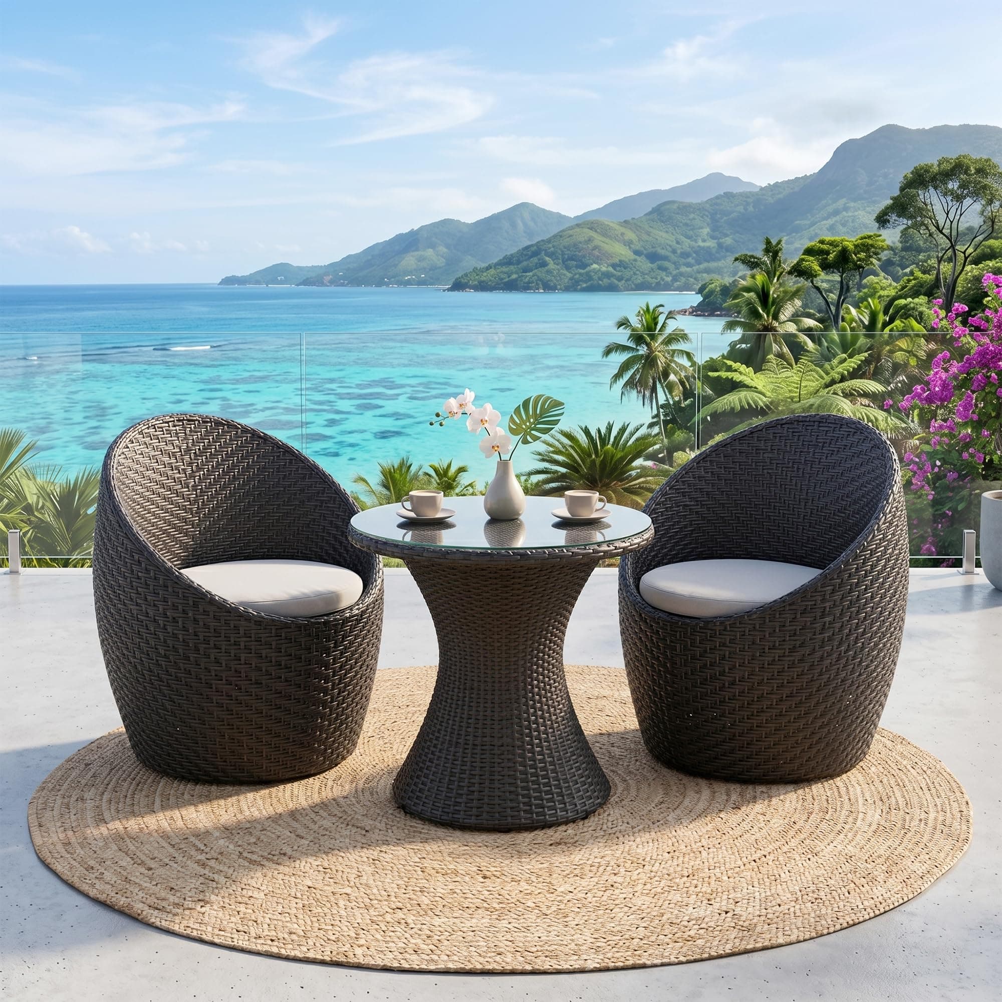 BRISHI Rattan & Wicker Garden Patio Seating Chair and Table Set Outdoor Balcony Garden Coffee Table Set Furniture and 2 Chairs 1 Table Set with Cushion ((Black)), 67 cm , 58 cm , 64 cm