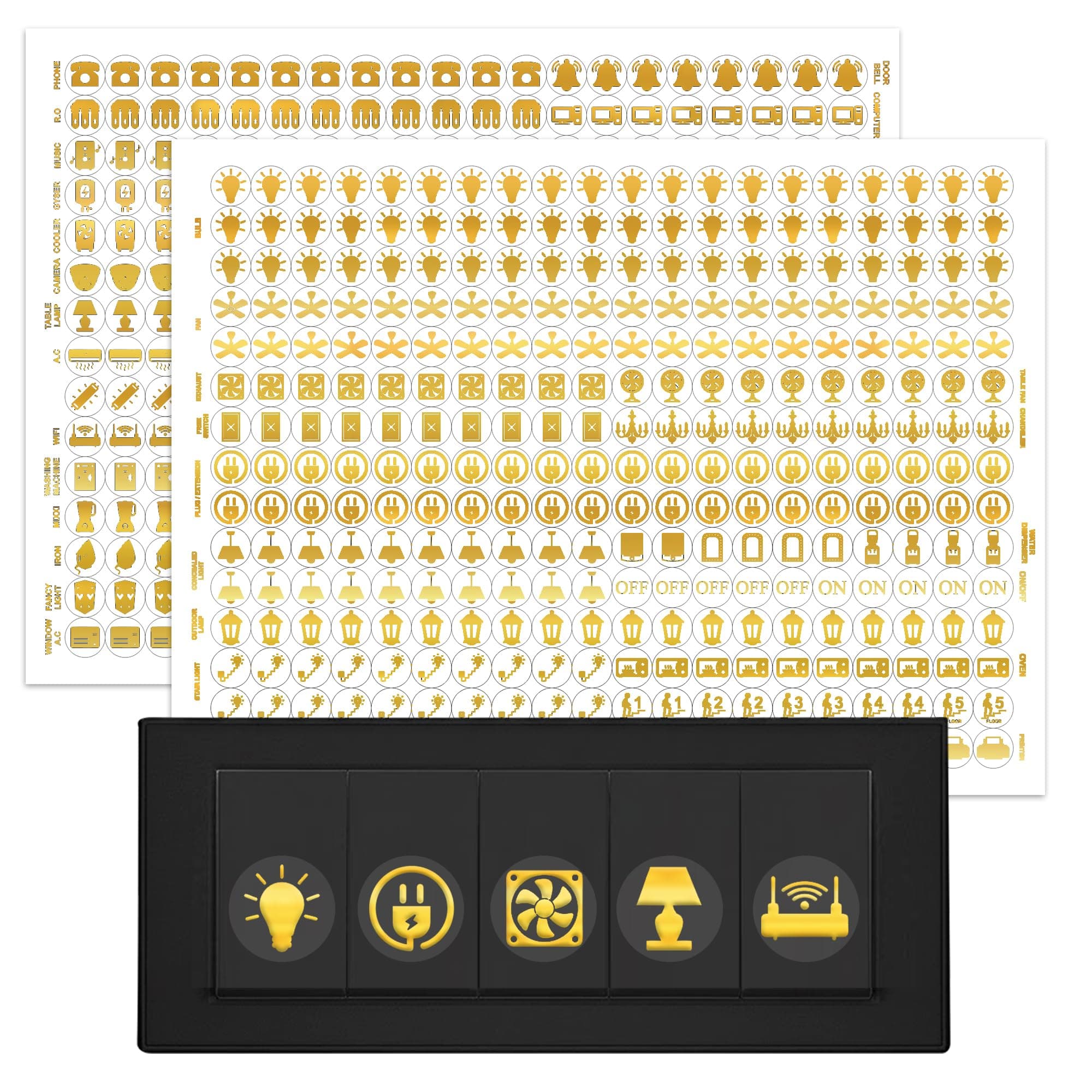 GLUN® Premium Switch Board Stickers, 60 Plus Icons Golden Colour 600 Stickers 2 Sheets, Easy Peel & Stick Stickers for All Appliances Switch, Hassle-Free Turn on the Right Switch
