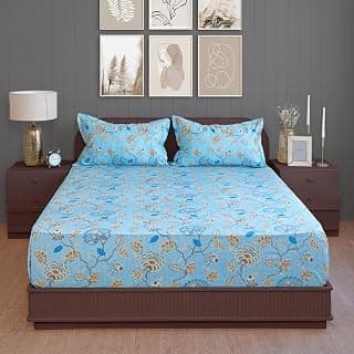 Swayam Pure Cotton King Bedsheet with 2 Pillow Covers | 210 TC Soft Breathable Bed Sheet | Floral Printed | Size 108 x 108 inch | Comfortable & Durable for Bedroom - Sky Blue