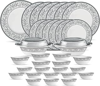 La Opala Diva Sovrana Collection Opal Glass Crockery | for Family of 6 | Dinner Set 35 pcs Persian Grey | Plates & Bowls for Dining | Microwave Safe | 100% Vegetarian | Extra Strong | Light & White