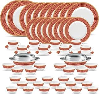 La Opala Diva Sovrana Collection Opal Glass Crockery | for Family of 8 | Dinner Set 62 pcs Regent Red | Plates & Bowls for Dining | Microwave Safe | 100% Vegetarian | Extra Strong | Light & White