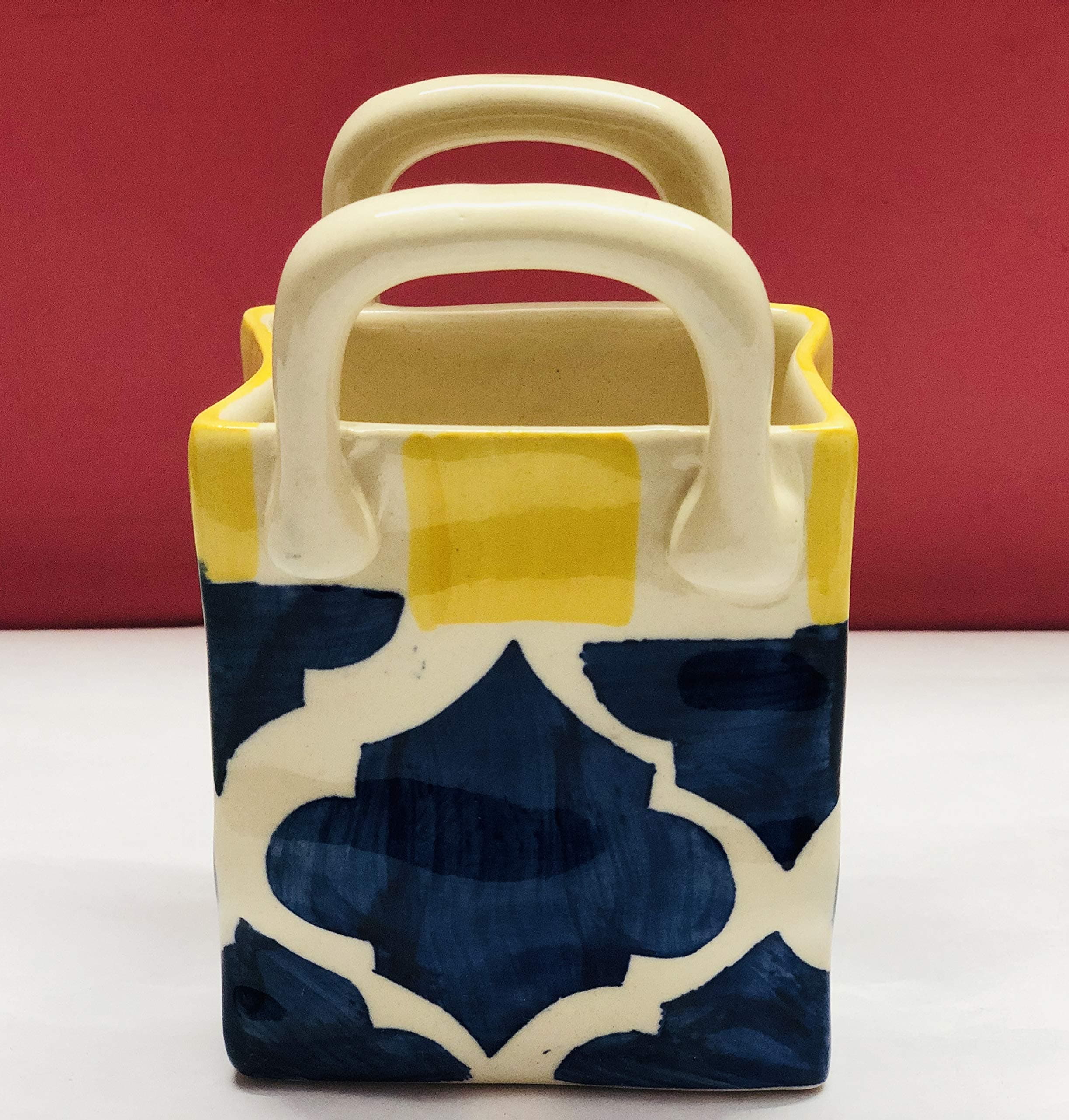 Hs Hindustani Saudagar Handpainted Ceramic Small Cutlery Holder Set of 1, Blue & Yellow