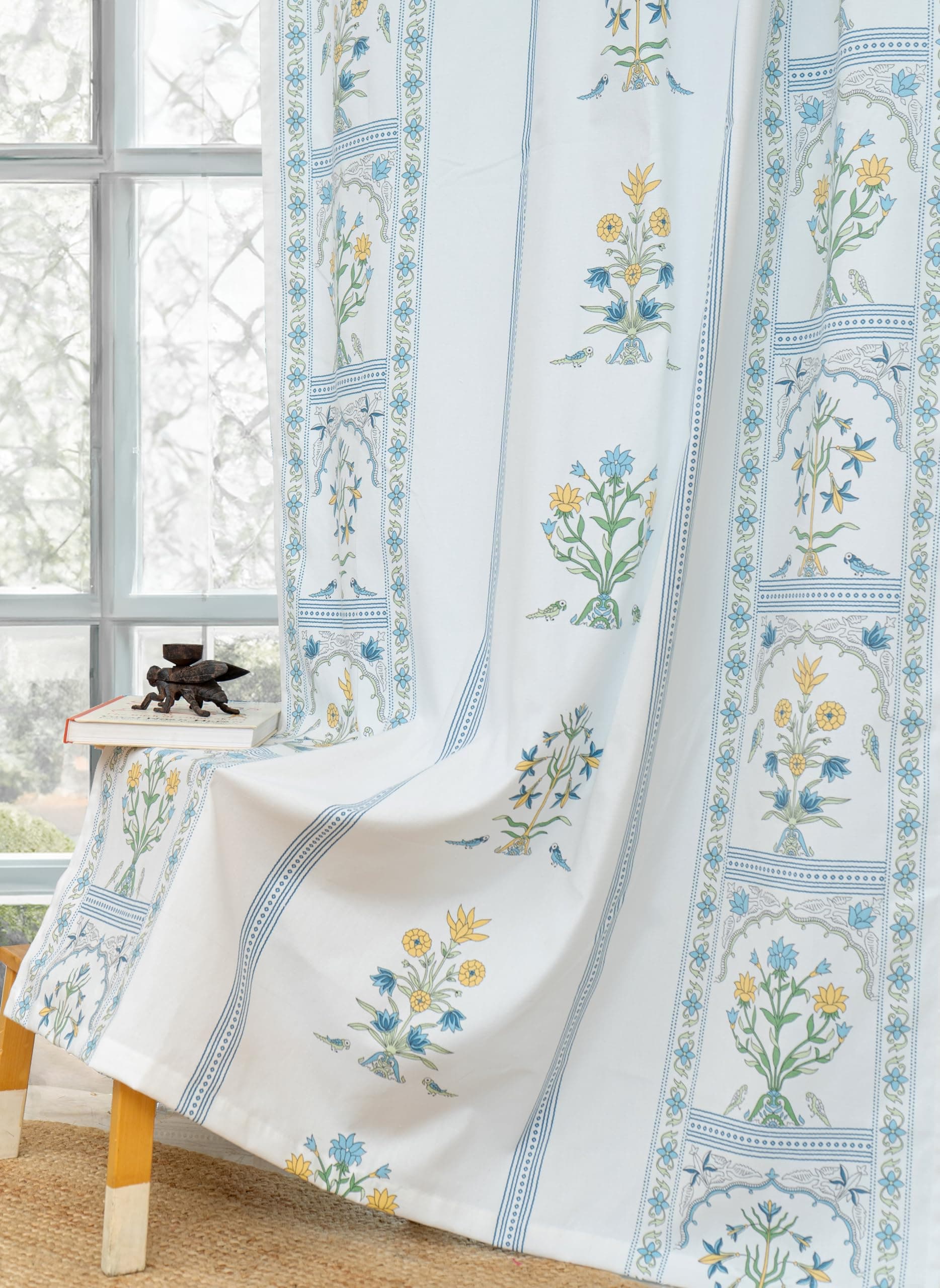 Tranquebar Curtain Co. Window Curtains 5 Feet, 60-65% Room Darkening, Blue Floral Print, Cotton Curtains for Window, Cotton Curtains 5 Feet Long Set of 2, with Eyelet, Sashi (152 cm) - Set of 2