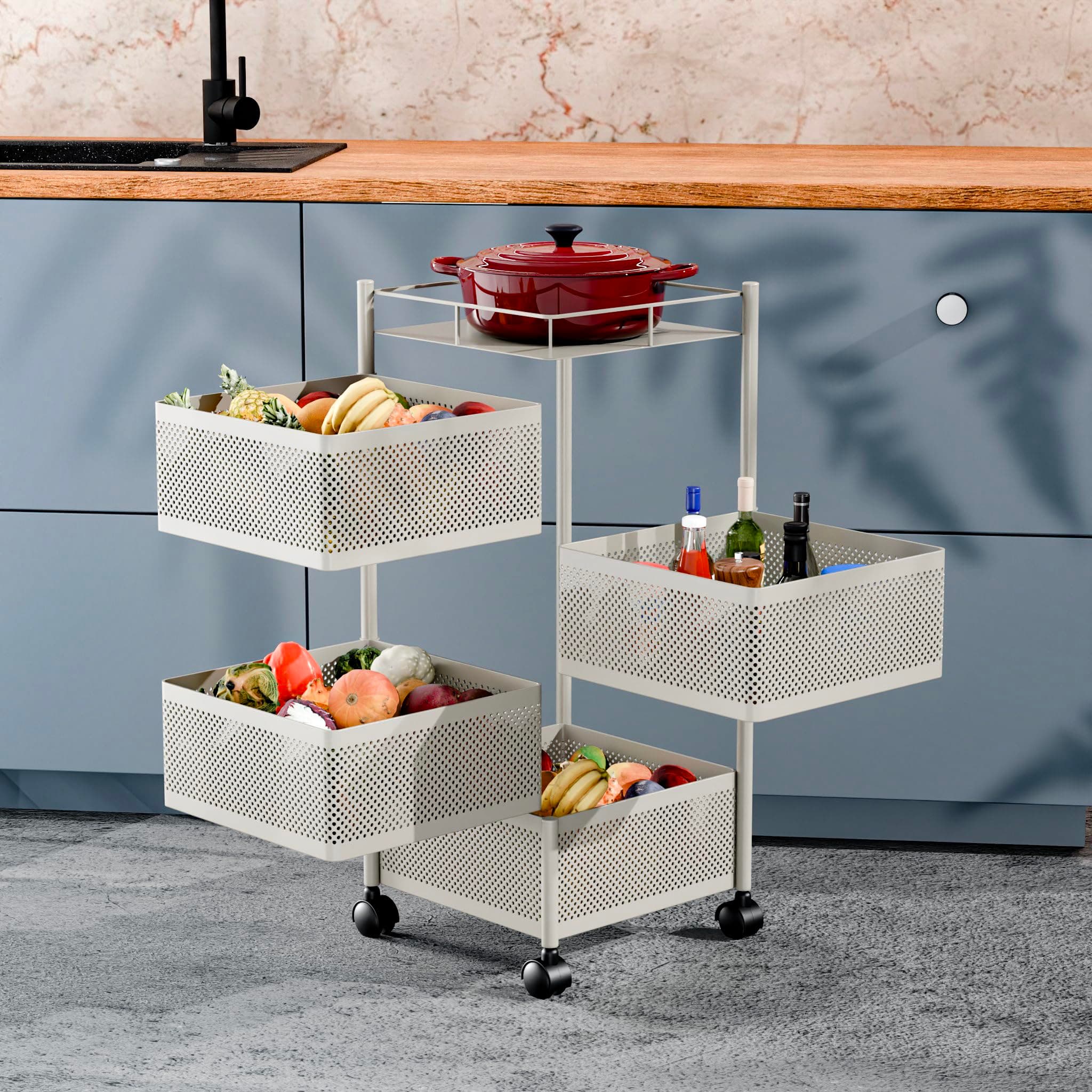 TEX-RO Kitchen Trolley with Wheels | 4-Layer Metal Vegetable Basket Stand & Kitchen Storage Rack | Multipurpose Kitchen Organizer for Onion Potato Storage (White)
