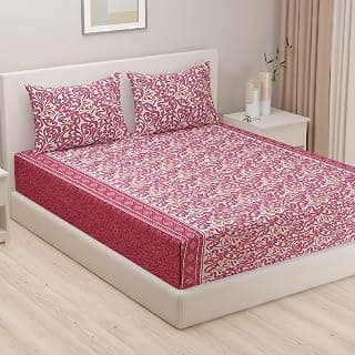 Swayam 100% Cotton Double Bedsheet with 2 Pillow Covers | Size 90 x 100 inch | 120 TC | Ethnic Motifs Design | Soft Breathable Bed Sheet | Comfortable & Durable for Bedroom - Red