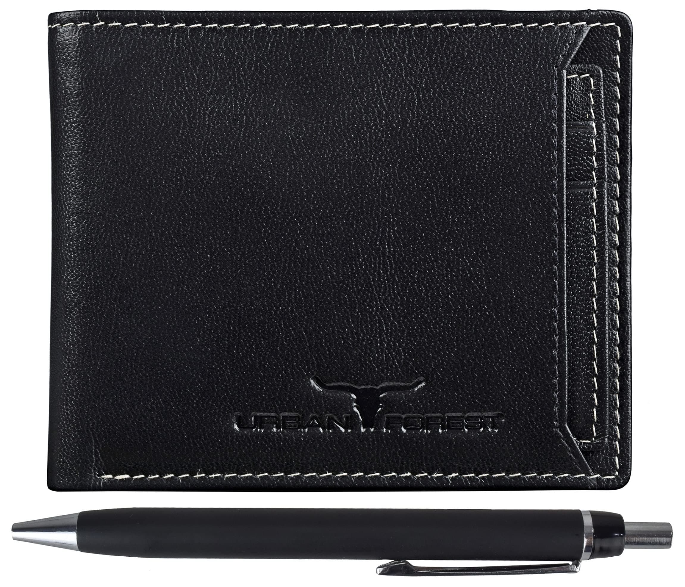 URBAN FOREST Black Detachable Leather Card Holder Wallet & Pen Combo Gift Set for Men