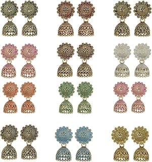DEW MAT Fancy Fashion Jewellery Jhumka meenakari oxidised kundans flower Earrings for Women Girls Ladies Wife South Indian Traditional Earrings Set stylish small Jhumki Combo pack OF 12
