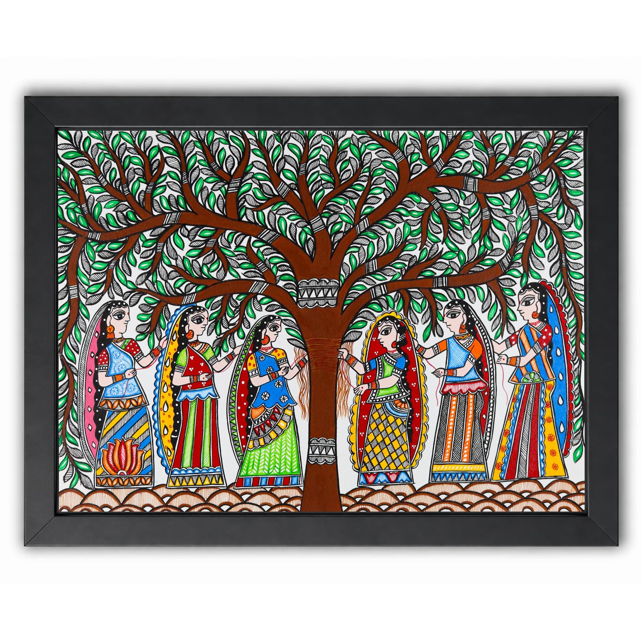AAKARSHAK Vat Savitri Madhubani Painting Handmade Large Framed 24x17 Inch - Mithila Vrat Puja Wall Art for Living Room Bedroom Hall Decor Gift