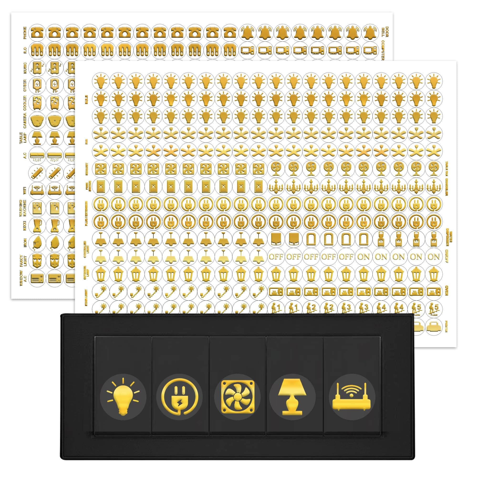GLUN 600 Golden Vinyl Switchboard Stickers | 60+ Embossed Luxury Self-Adhesive Icons for Fan, Light, AC & Home Switch Buttons