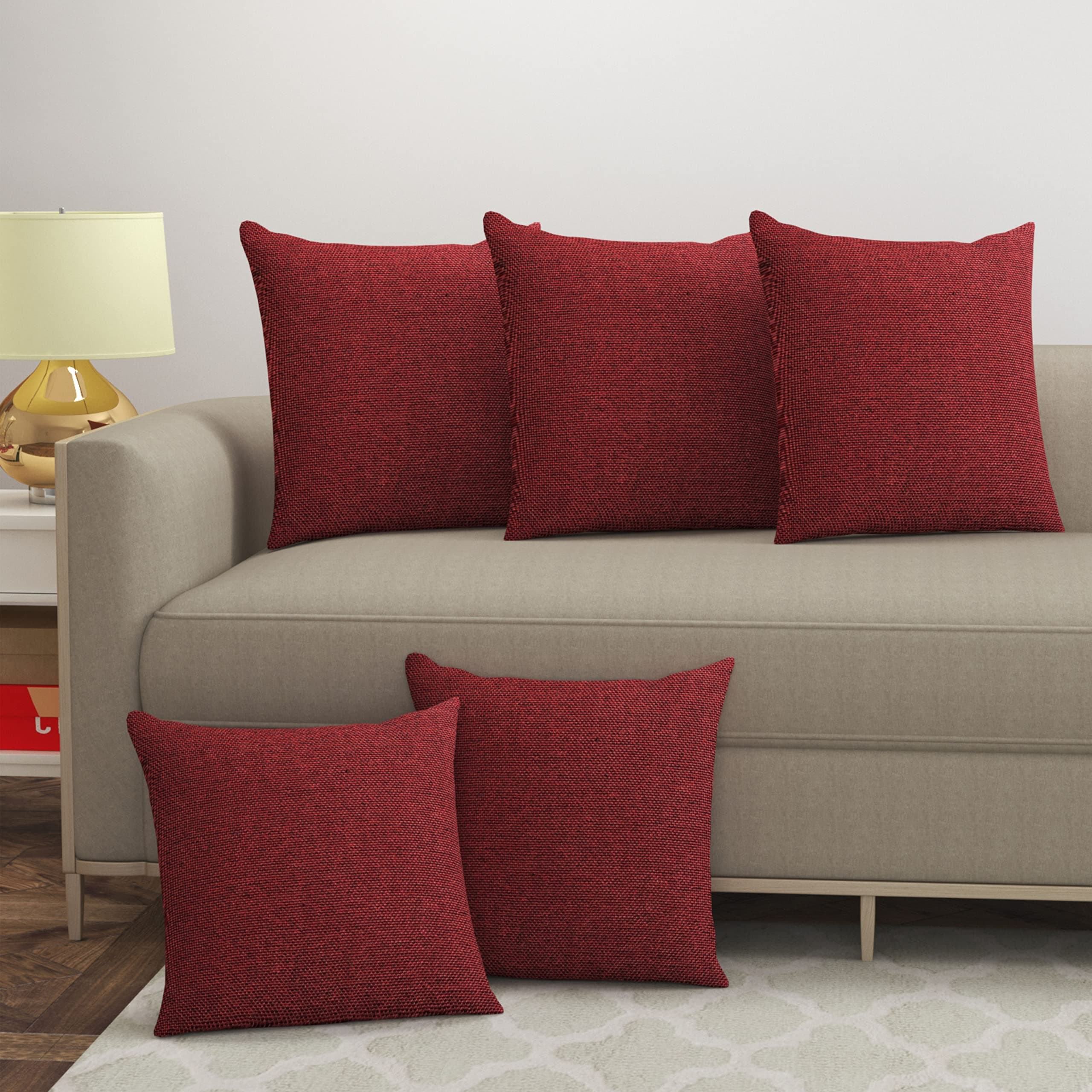 Yellow Weaves Jute Texture 250 TC Cushion Covers, 12 X 12 Inches, Maroon, Set Of 5