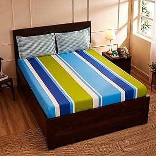 Amazon Brand - Solimo Mondrian Stripes 144 TC Cotton Striped Double Bedsheet with 2 Pillow Covers, Blue and Green
