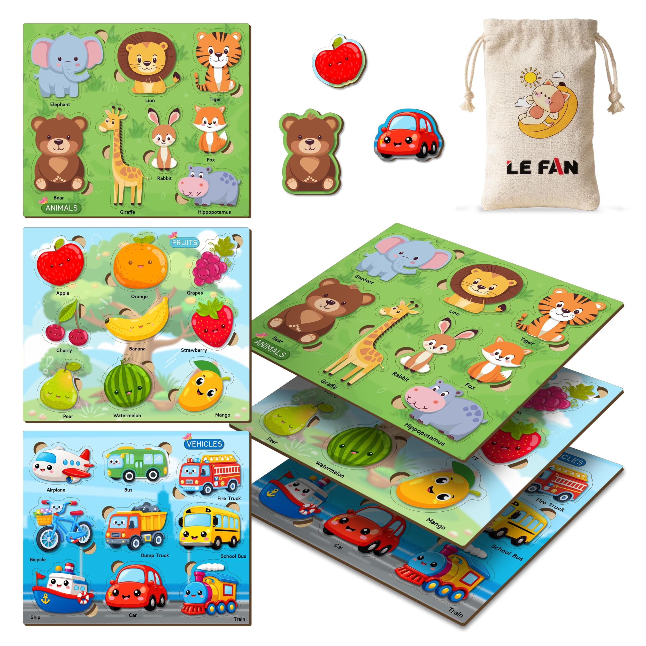 Lefan Wooden Peg Puzzle Set for Kids 2-4 Years | Animals, Fruits & Vehicles Learning Puzzle Boards | MDF Wooden Educational Toy for Toddlers | 3 Boards with Easy Grip Pieces