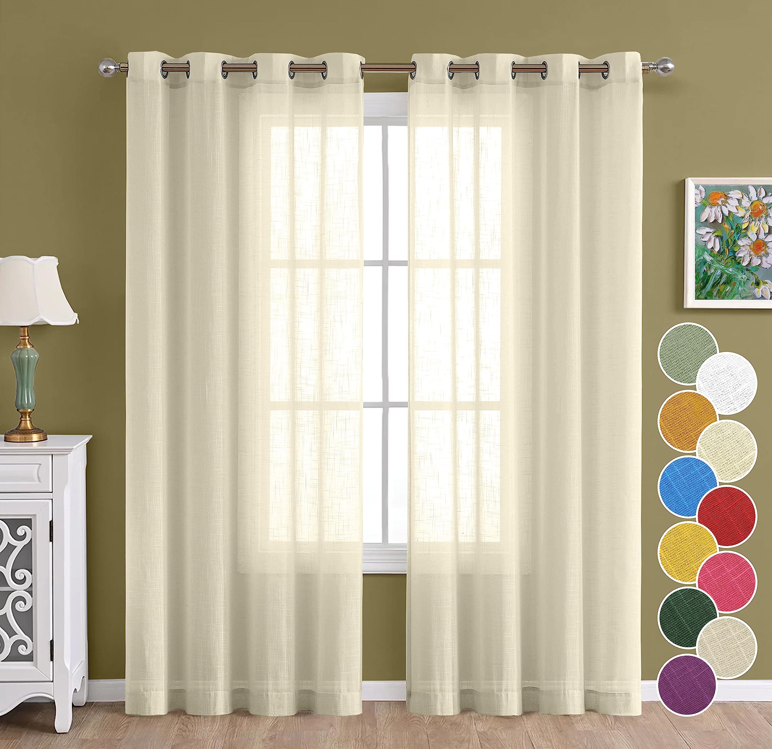 THE LINEN COMPANY Cotton Linen Solid Sheer Curtain Set with Steel Eyelet Rings Window Curtain - 4.5 x 6 Feet (Set of 2 -Natural)