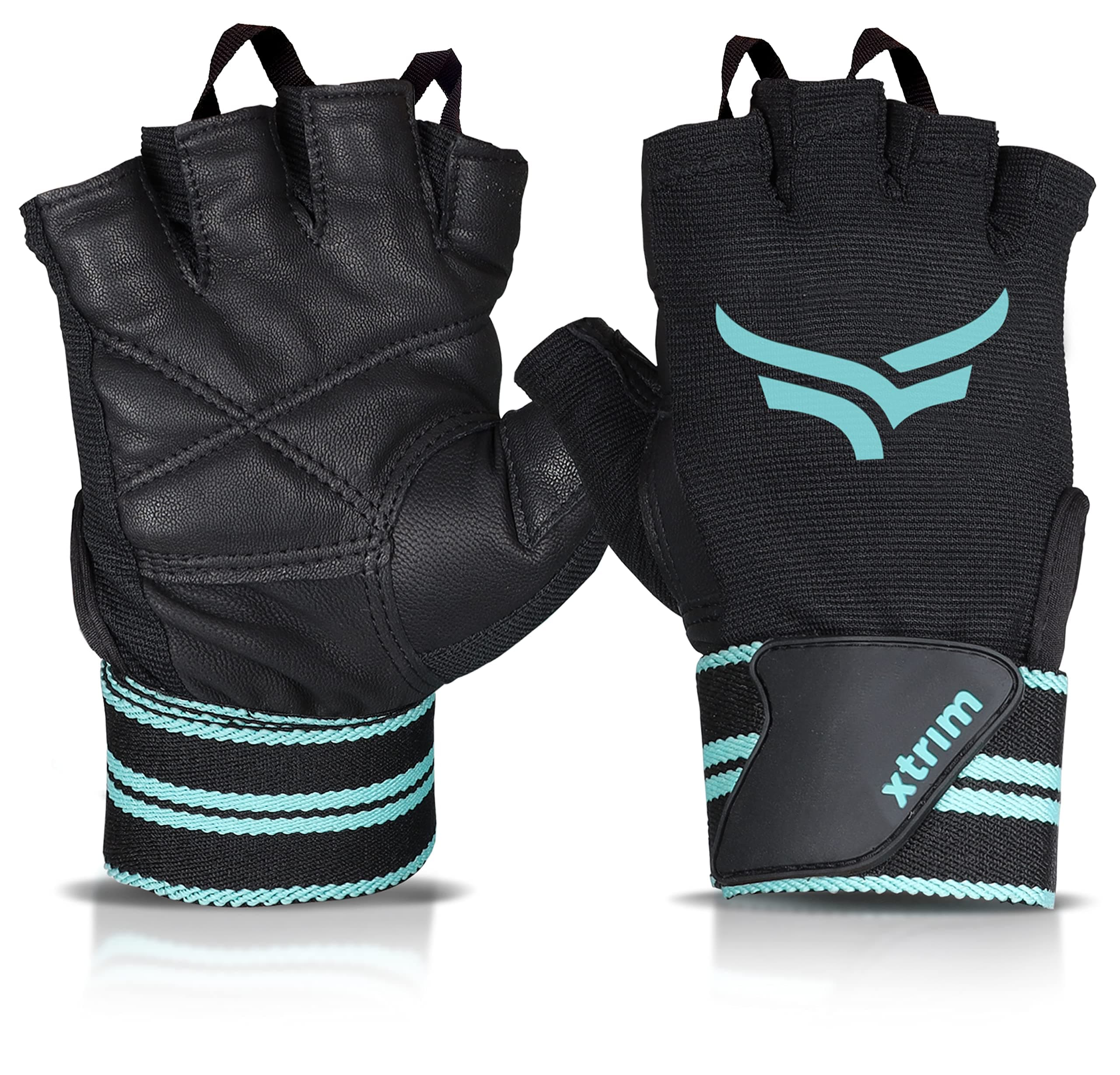 XTRIM Macho Unisex Leather Gym Gloves, for Professional Weightlifting, Fitness Training and Workout, with Half-Finger Length, Wrist Wrap for Protection and Tactical Thumb (Black, Small)