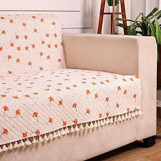 STITCHNEST Quilted Velvet Sofa Cover with Tassels – 70x60 Inch, Orange Floral Print with Stripes, Soft & Elegant, Washable Sofa Protector for 3-Seater