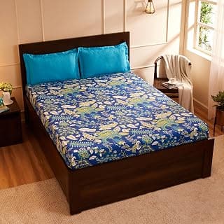 Amazon Brand - Solimo Floral Treasure 144 TC 100% Cotton Double Bedsheet with Two Pillow Covers, Soft and Smooth (Traditional, Blue and Green), 144 TC