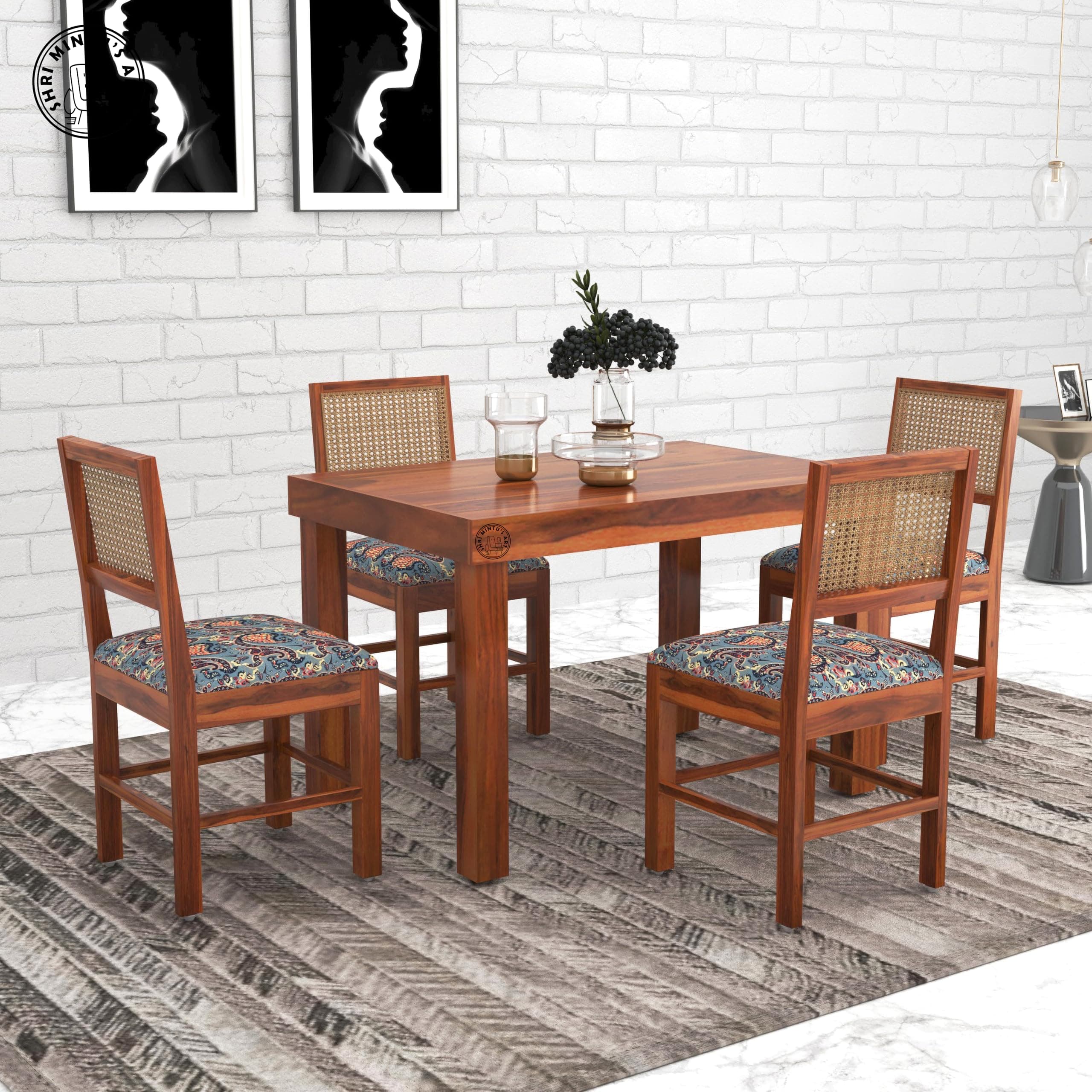 SHRI MINTU'S ART Wooden 4 Seater Dining Table Set | Four Seater Dinning Table with Printed Cushion Chairs for Home | Dining Room Furniture for Kitchen & Restaurants | Solid Wood Sheesham, Honey Finish