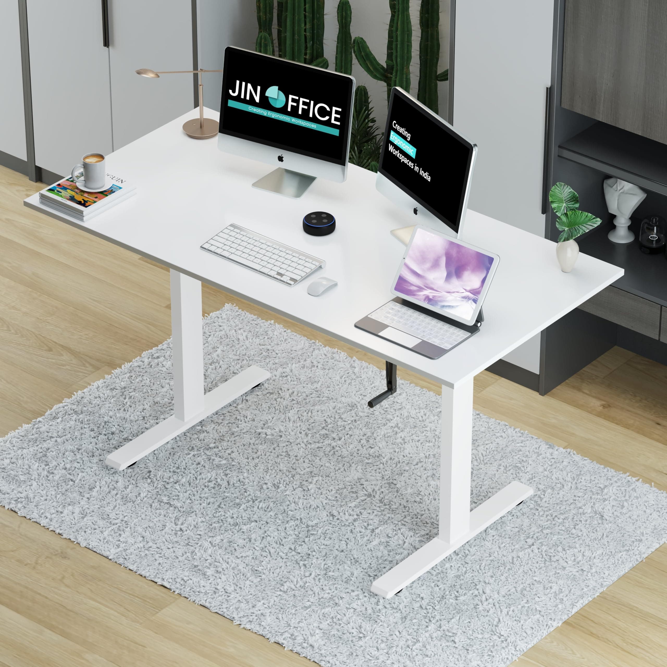 JIN OFFICE Vertex Manual Height Adjustable Standing Desk| Hand Crank Height Adjustable Table| Sit Stand Desk| Ergonomic Table, 3 Year Warranty,80 Kg Wt. Cap (White Frame | White Top, 1200 x 750 mm)