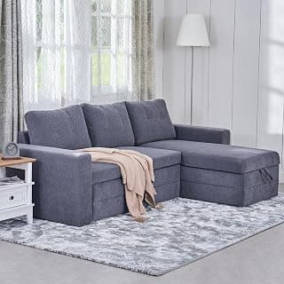 Home Centre Helios Woodland | 3-Seater | Interchangeable Chaise | Fabric|Solid Wood | Sofa Cum Beds | Grey | 1 Year Warranty