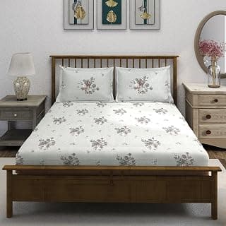 Swayam Pure Cotton King Fitted Bedsheet with 2 Pillow Covers | 210 TC Soft Breathable Bed Sheet | Floral Printed | Size 72 x 78 x 10 inch | Comfortable & Durable for Bedroom - Beige & Grey