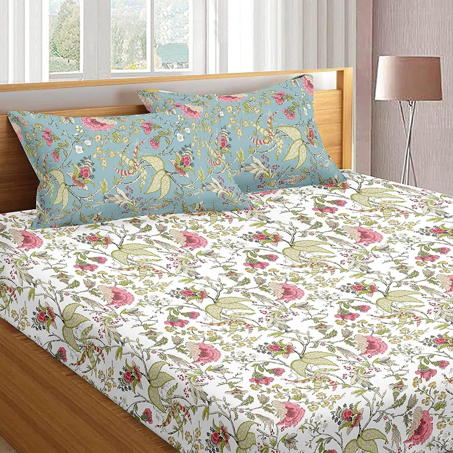 Trance Home Linen 180TC 100% Cotton 78"x78" Elastic Fitted Bedsheet Super King Bed Size | Printed Fitted Sheet | Elasticated Fitted Bedspread with 2 Pillow Covers (78x78 inch, Calicut White Green)